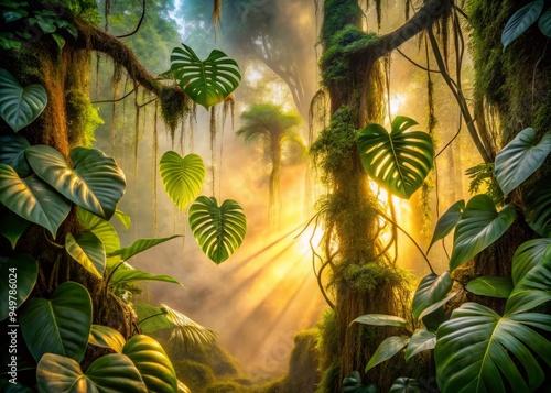 Luminous morning mist veils ancient forest where tropical monstera deliciosa and velvetleaf vines entwine futuristic metallic trellis amidst moss photo