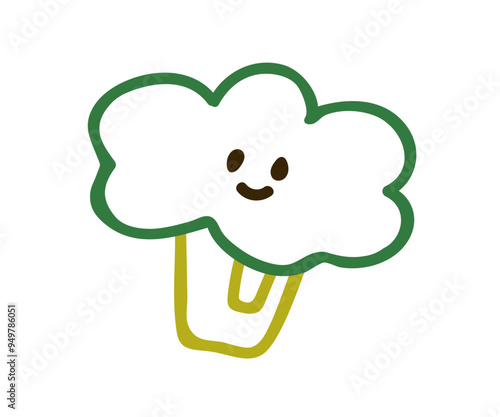 Cute broccoli character with happy smile, baby design element. Adorable funny kawaii vegetable food in doodle playful childlike style. Childish flat vector illustration isolated on white background