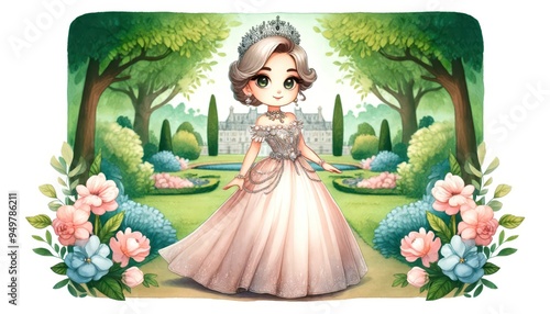 Royal Garden Promenade: A fairytale princess, adorned in a shimmering gown and tiara, graces a verdant garden with her presence. photo