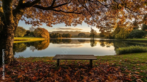 Fototapeta Naklejka Na Ścianę i Meble -  Serene autumn landscape in a park with a quiet lake and a bench