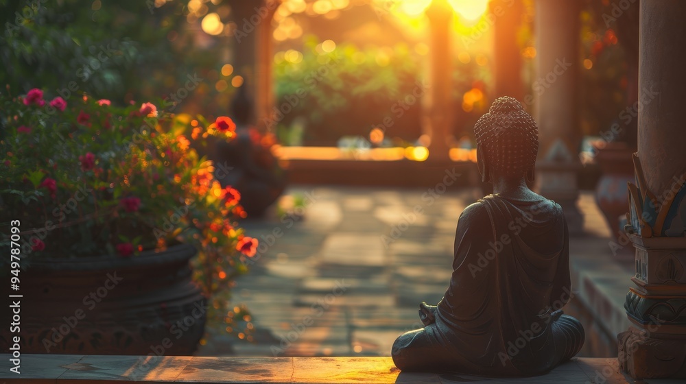 Serene Sunset Meditation: A Buddha statue finds peace amidst a tranquil garden, bathed in the warm glow of the setting sun. Serene Sunset Meditation: A Buddha statue finds peace amidst a tranquil garden, bathed in the warm glow of the setting sun.