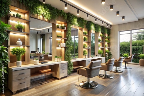 luxurious pampering ambiance sleek modern salon interior minimalist menu display lush greenery natural light soft focus warm tones elegant typography serene relaxational atmosphere photo