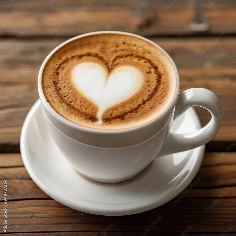 Fototapeta premium A cappuccino with a heart-shaped foam on a wooden table, symbolizing love in daily life.