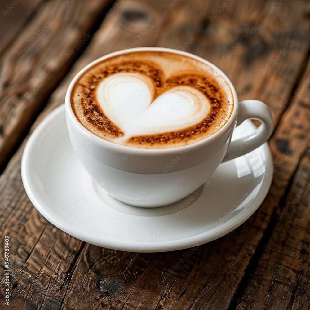A cappuccino with a heart-shaped foam on a wooden table, symbolizing love in daily life. A cappuccino with a heart-shaped foam on a wooden table, symbolizing love in daily life.
