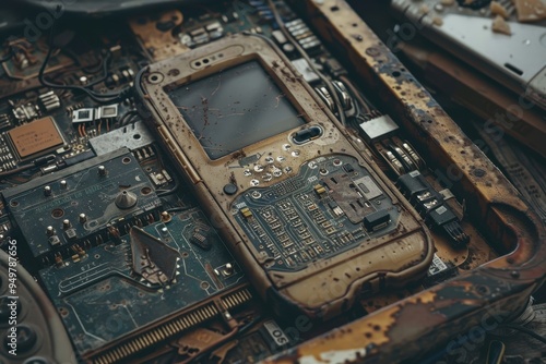 Digital Decay: A close-up of a weathered and discarded handheld device amidst a pile of rusty electronics, evoking a sense of obsolescence and the passage of time.  photo