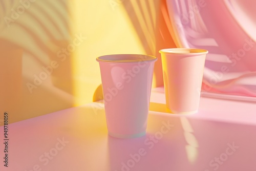 Two cups in pastel colors on a pink and yellow background, perfect for a coffee shop or home decor