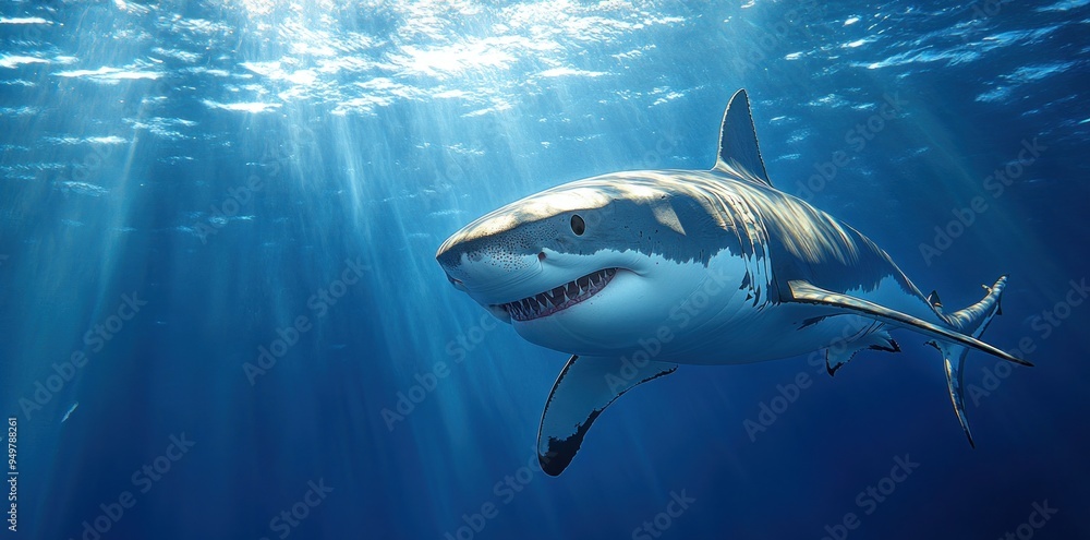 Great White Shark Swimming Underwater with Sunbeams Great White Shark Swimming Underwater with Sunbeams