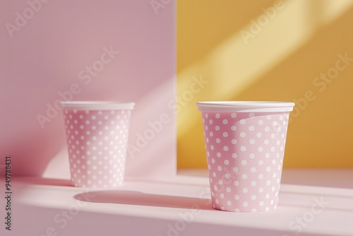 Two pink polka dot cups on pink and yellow background perfect for coffee shop or home decor