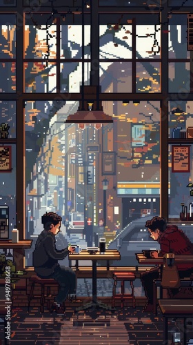 Cozy Cafe Pixel Art: Two figures sit in a pixelated cafe, enjoying their coffee as the rain falls outside. The warm glow of the cafe creates a cozy atmosphere, Phone wallpaper photo