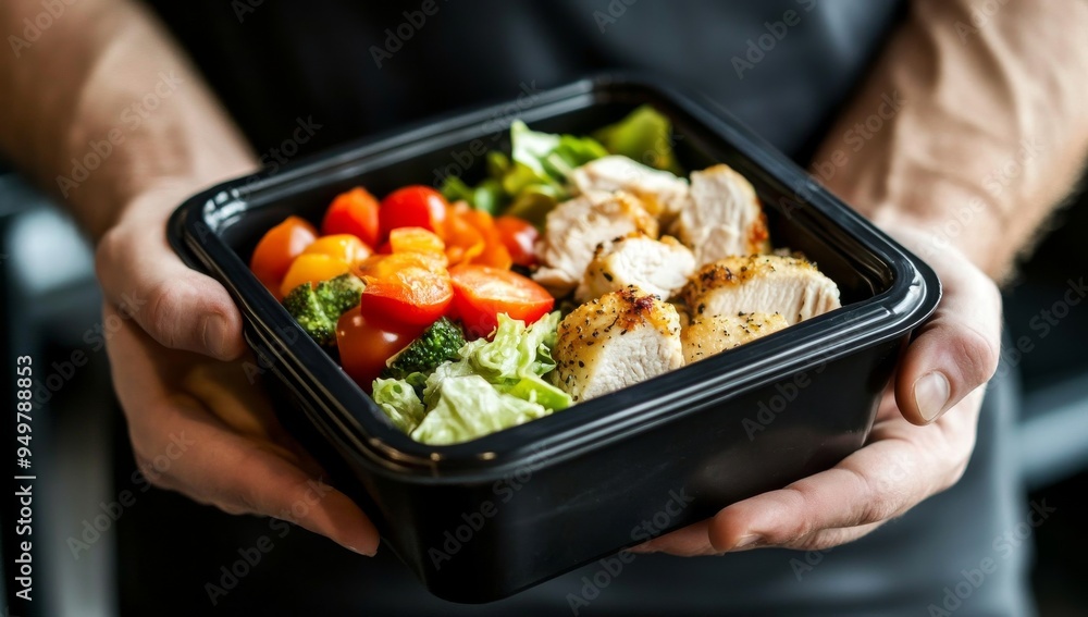 An appealing lunch with high-protein foods, suitable for muscle building, in the atmosphere of a gym An appealing lunch with high-protein foods, suitable for muscle building, in the atmosphere of a gym
