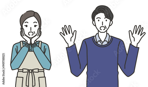 びっくりする中年女性と中年男性のイラスト