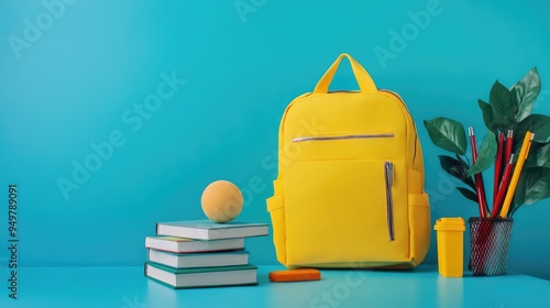 Yellow backpack with books and school supplies on blue background. AI generated illustration.