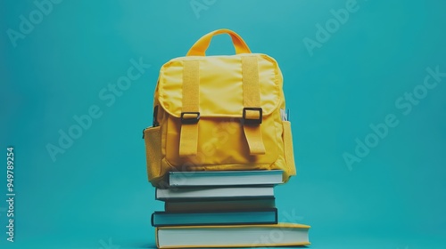 Yellow backpack with books and school supplies on blue background. AI generated illustration. photo