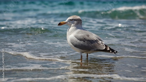 Ocean swimming seagull closeup 