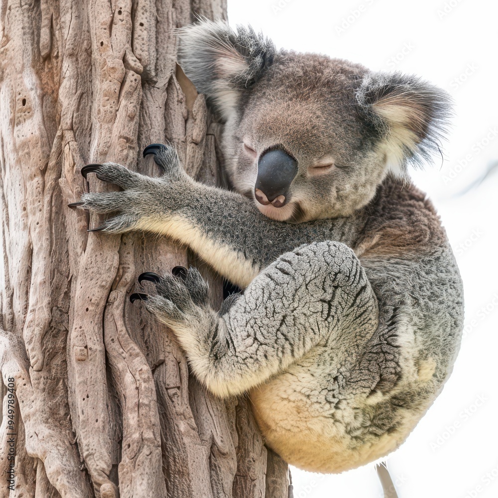 Fototapeta premium Koala's Tranquil Embrace: A serene koala finds solace, clinging peacefully to a sun-drenched eucalyptus tree, embodying the tranquility of Australian wildlife. 