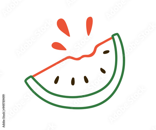 Watermelon slice in simple doodle style. Juicy fruit, cut wedge piece, summer...
