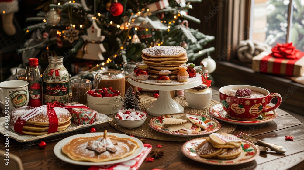 Traditional Christmas Breakfast with Pancakes and Hot Cocoa in Festive Table Setting Traditional Christmas Breakfast with Pancakes and Hot Cocoa in Festive Table Setting