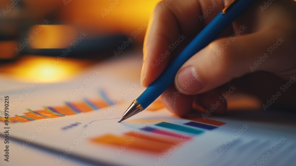 A person's hand holding a blue pen over a paper with colorful bar graphs, indicating analysis of data or review of a financial report. A person's hand holding a blue pen over a paper with colorful bar graphs, indicating analysis of data or review of a financial report.