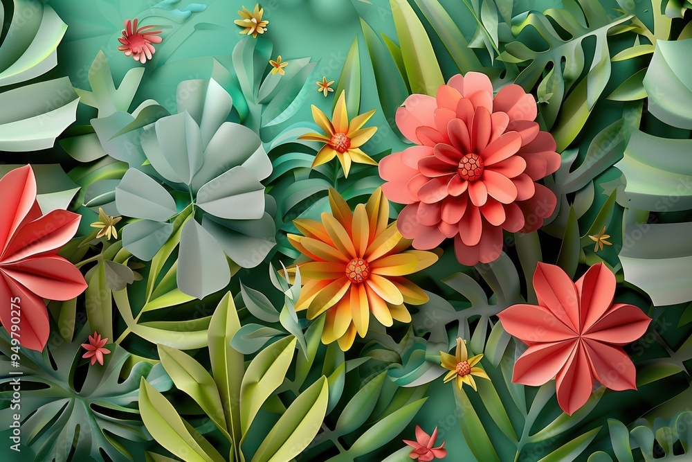 Obraz premium Paper Blooms in Emerald Paradise: A vibrant collage of handcrafted paper flowers and tropical leaves burst forth from an emerald backdrop