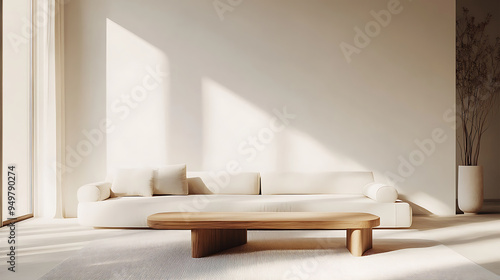 minimalist desert home living room with a white backdrop, featuring a sleek, modern sofa and a single wooden coffee table, sunlight streaming in through large windows photo