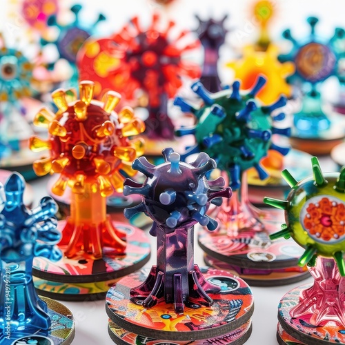 Whimsical Virus Art: A vibrant collection of colorful, stylized virus sculptures, blending science and art in a playful and thought-provoking display. photo