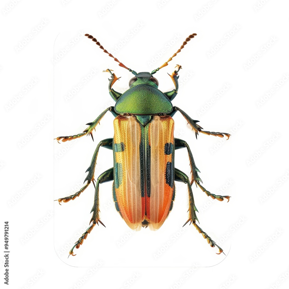 Jewel Beetle Brilliance: A metallic green and orange jewel beetle takes center stage, its intricate details and vibrant colors on full display against a pristine white backdrop Jewel Beetle Brilliance: A metallic green and orange jewel beetle takes center stage, its intricate details and vibrant colors on full display against a pristine white backdrop