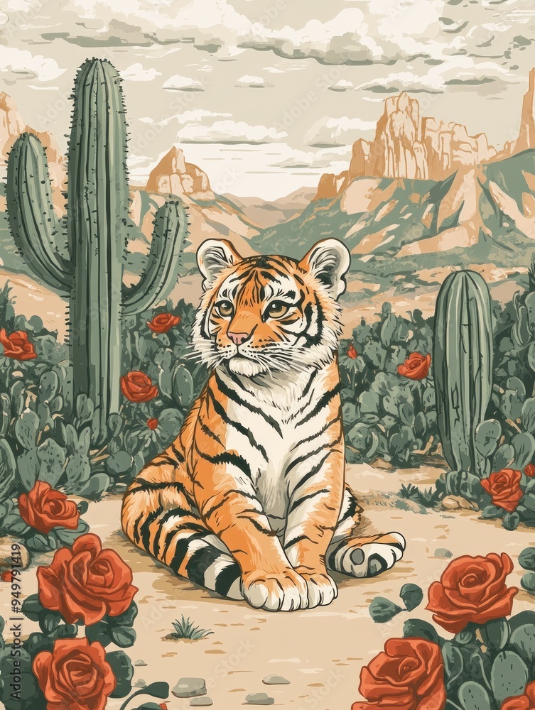 A tiger sitting amidst cacti and roses in a serene desert landscape. A tiger sitting amidst cacti and roses in a serene desert landscape.