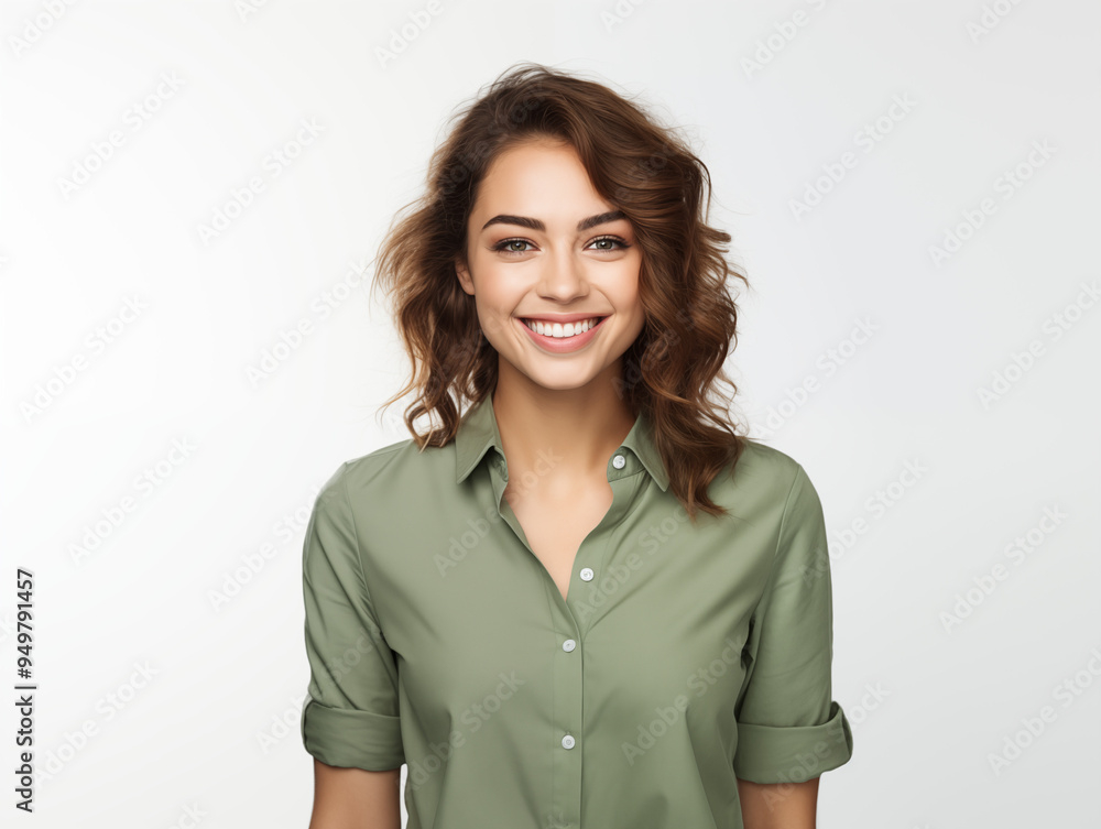 A beautiful young woman with warm brown eyes and a genuine smile beams with confidence, radiating positivity and charm in a simple yet stylish green shirt against a clean white background