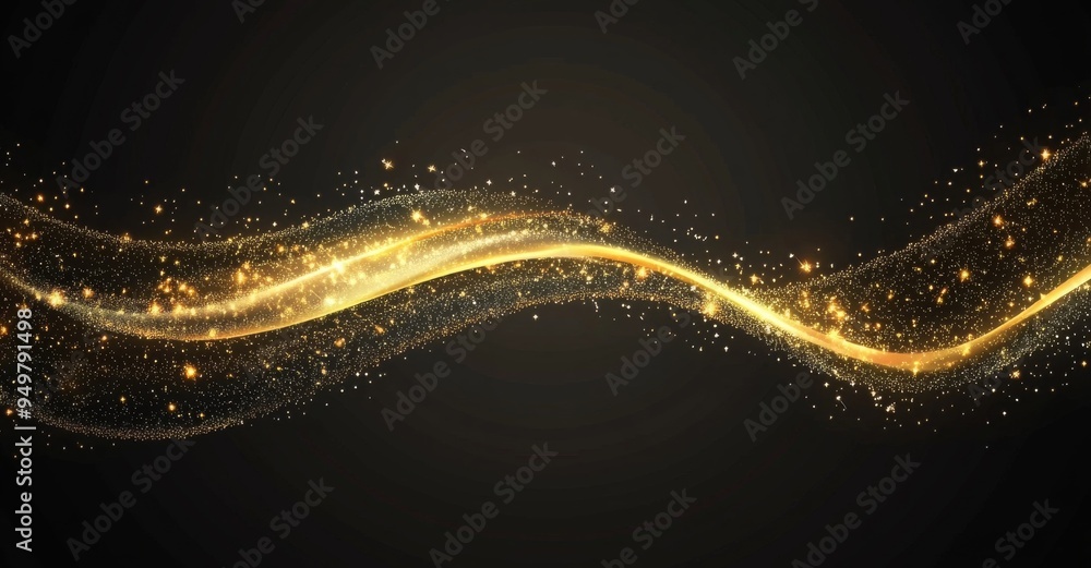 Abstract golden glitter wave with light effect on a black background, glowing stardust trail for a luxury design element. Abstract golden glitter wave with light effect on a black background, glowing stardust trail for a luxury design element.
