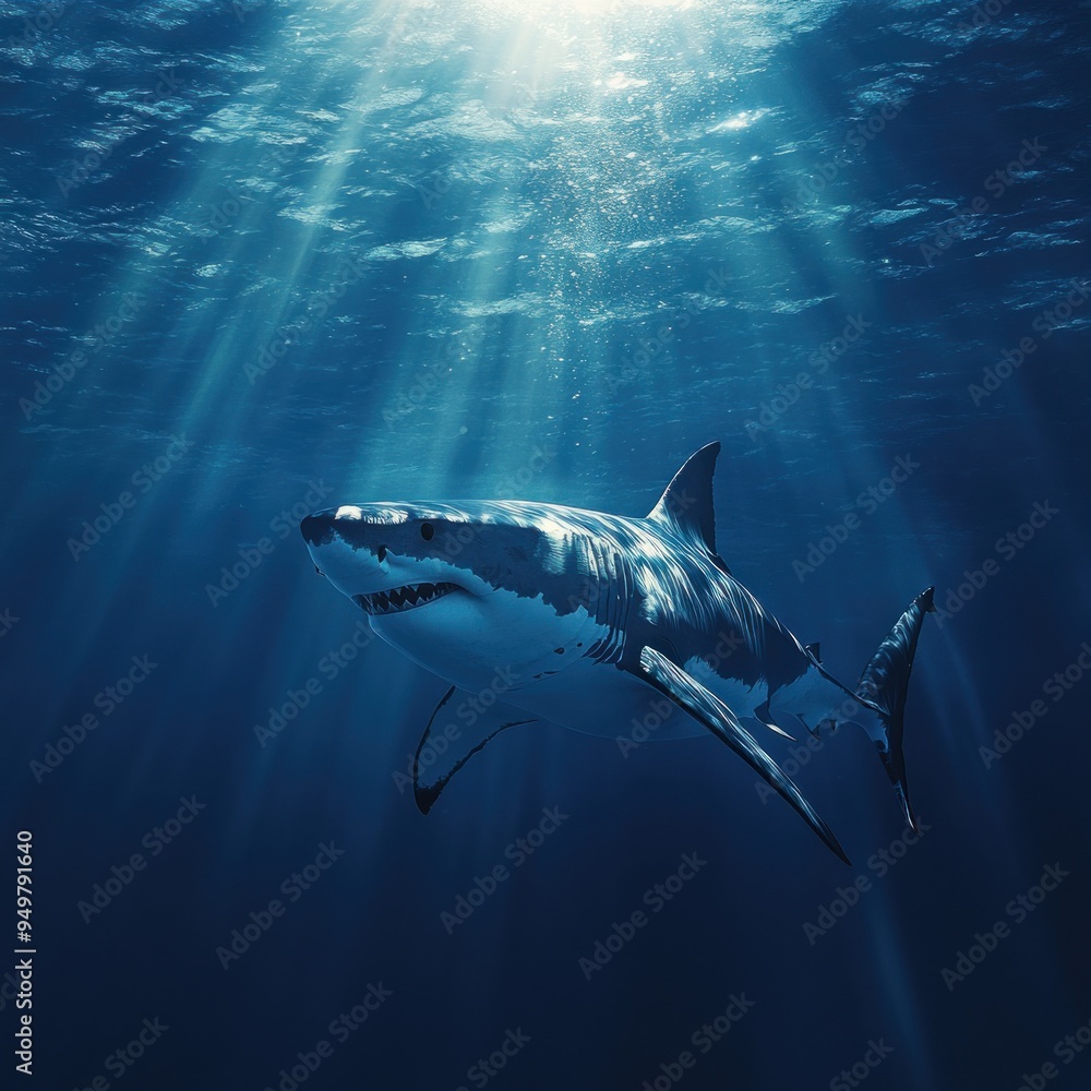 Great White Shark Swimming Through Sunbeams in Deep Blue Ocean Water Great White Shark Swimming Through Sunbeams in Deep Blue Ocean Water