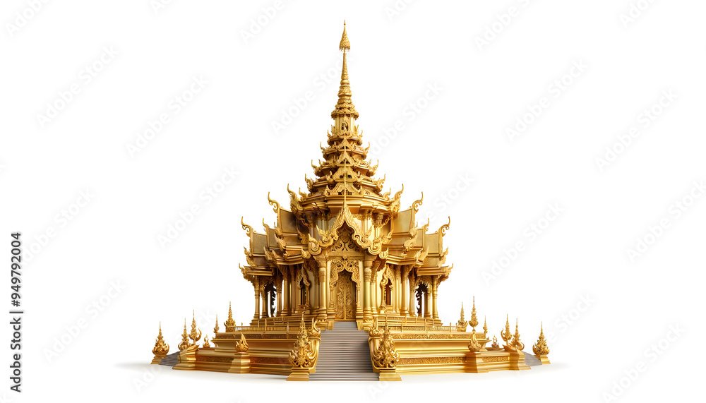 Fototapeta premium 3D Golden Temple of Thailand: A majestic golden temple, intricate details, traditional Thai architecture, isolated on white background, ornate, cultural heritage, spirituality, religion