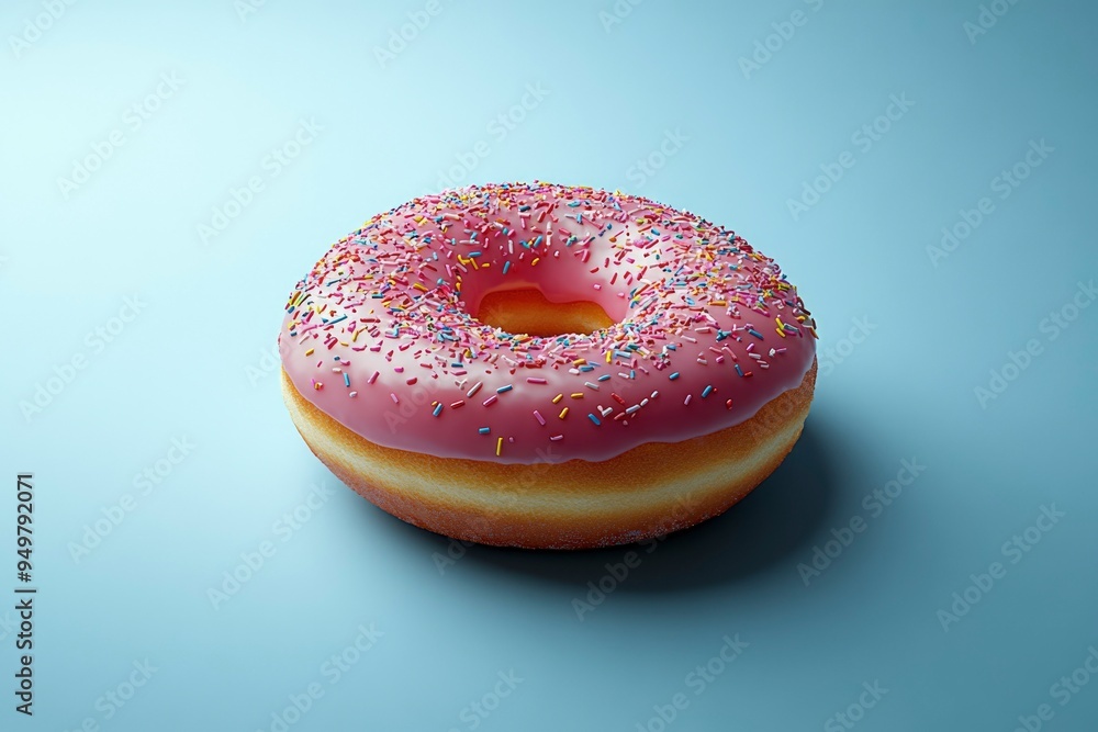 Pink Glazed Donut with Sprinkles on a Light Blue Background Pink Glazed Donut with Sprinkles on a Light Blue Background