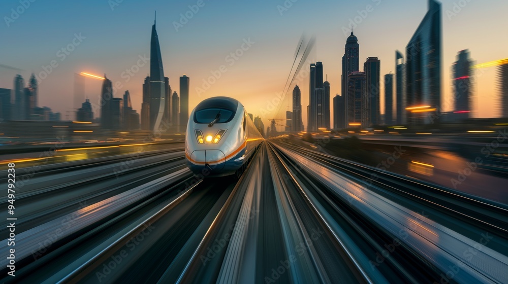 Fototapeta premium A modern high-speed train passing through the urban landscape at high speed