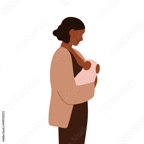 African-American mother holding newborn baby in arms. Black woman, happy mom carrying infant in hands. Maternity, motherhood care concept. Flat vector illustration isolated on white background