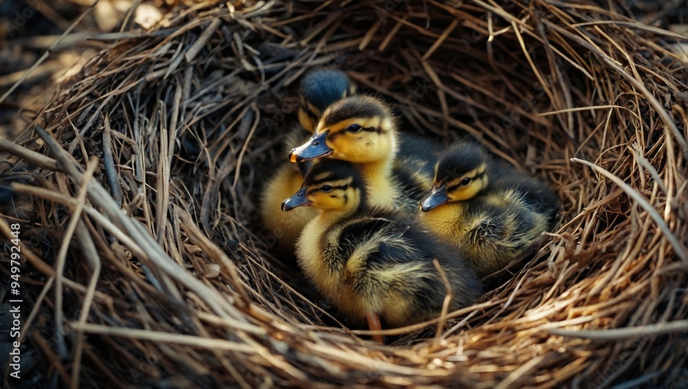 Fototapeta premium Two baby ducks sit in a nest