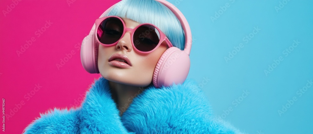 Fashionable woman with pink headphones and sunglasses on vibrant pink background Fashionable woman with pink headphones and sunglasses on vibrant pink background