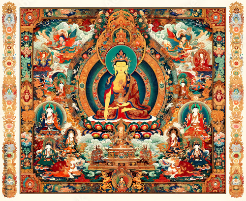 Buddhist Deity Thangka Painting: A vibrant and intricate thangka painting depicting a central deity, surrounded by celestial figures and symbolic imagery, reflecting the rich tradition of Tibetan