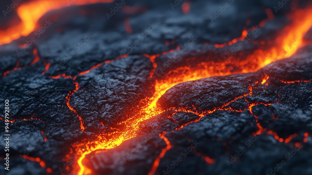 Glowing lava flow, rugged volcanic landscape, 3D illustration Glowing lava flow, rugged volcanic landscape, 3D illustration