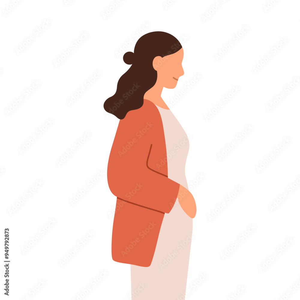 Pregnant woman. First trimester pregnancy with small belly, abdomen. Future mom, mother expecting baby. Female bearing child, childbearing. Flat vector illustration isolated on white background Pregnant woman. First trimester pregnancy with small belly, abdomen. Future mom, mother expecting baby. Female bearing child, childbearing. Flat vector illustration isolated on white background
