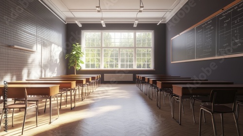 Empty classroom interior. AI generated illustration. photo