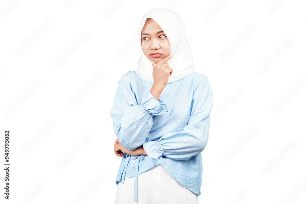Asian hijab girl thinking about something: deep in thought: pensive girl isolated transparent Asian hijab girl thinking about something: deep in thought: pensive girl isolated transparent