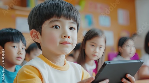 Asian schoolboy using tablet in classroom. AI generated illustration. photo