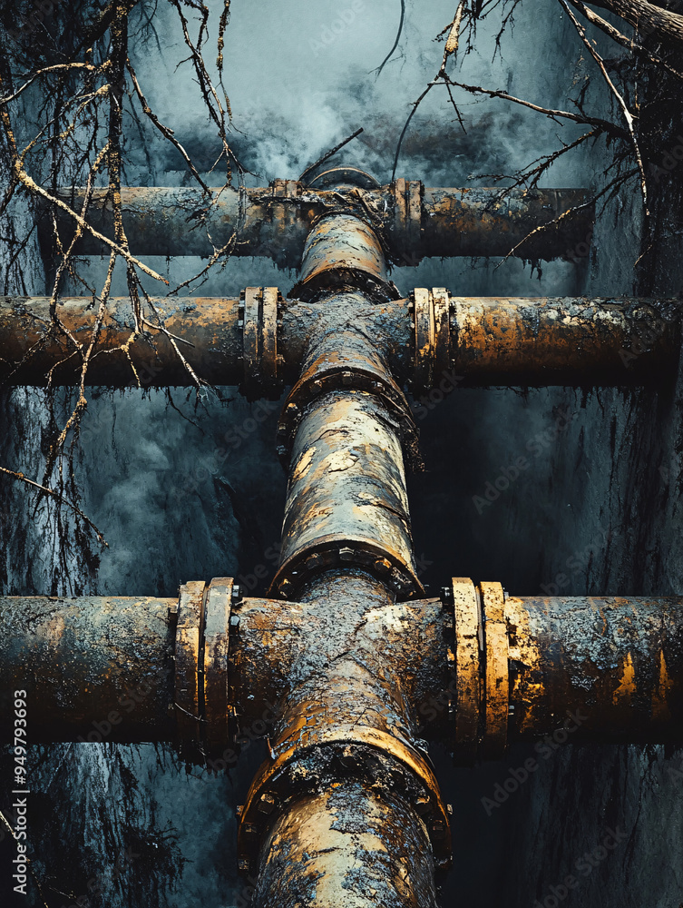 Rusted Industrial Pipes Emitting Thick Smoke in a Barren, Overgrown Landscape, Capturing Decay, Pollution, and Environmental Degradation Rusted Industrial Pipes Emitting Thick Smoke in a Barren, Overgrown Landscape, Capturing Decay, Pollution, and Environmental Degradation
