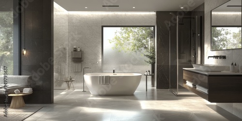 Modern bathroom with a freestanding tub and shower.