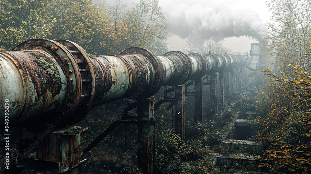 Rusted Industrial Pipes Emitting Thick Smoke in a Barren, Overgrown Landscape, Capturing Decay, Pollution, and Environmental Degradation Rusted Industrial Pipes Emitting Thick Smoke in a Barren, Overgrown Landscape, Capturing Decay, Pollution, and Environmental Degradation