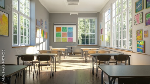 Modern classroom with poster. AI generated illustration. photo