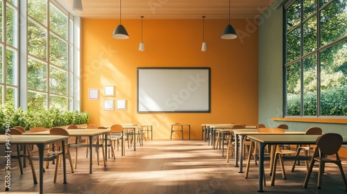 Modern classroom with poster. AI generated illustration. photo