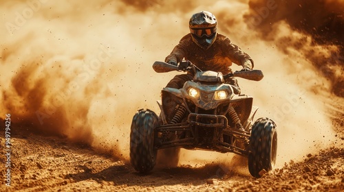 ATV rider speeding through muddy terrain with dust clouds, showcasing extreme sports photo