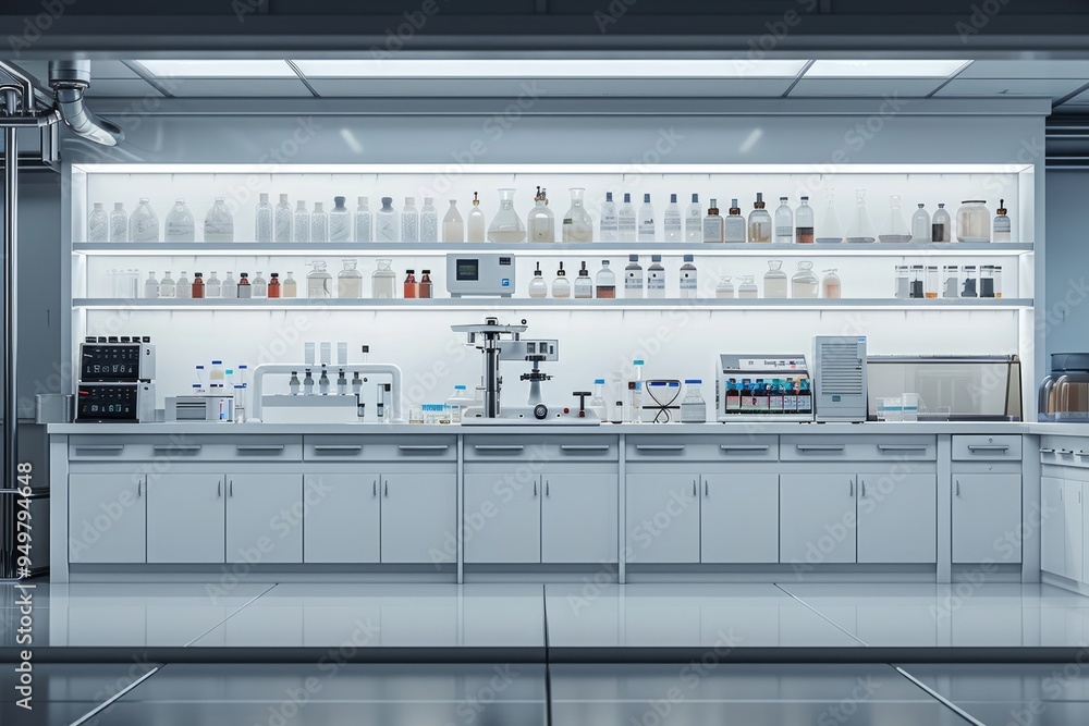 A meticulously organized, modern laboratory setting, equipped with various scientific instruments and shelves of multi-colored reagents, embodying a concept of scientific research and discovery A meticulously organized, modern laboratory setting, equipped with various scientific instruments and shelves of multi-colored reagents, embodying a concept of scientific research and discovery