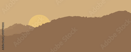 Landscape sunset nature panorama. Mountain climbing for adventure. Flat style vector illustration. postcard, banner, cover, wallpaper, poster design